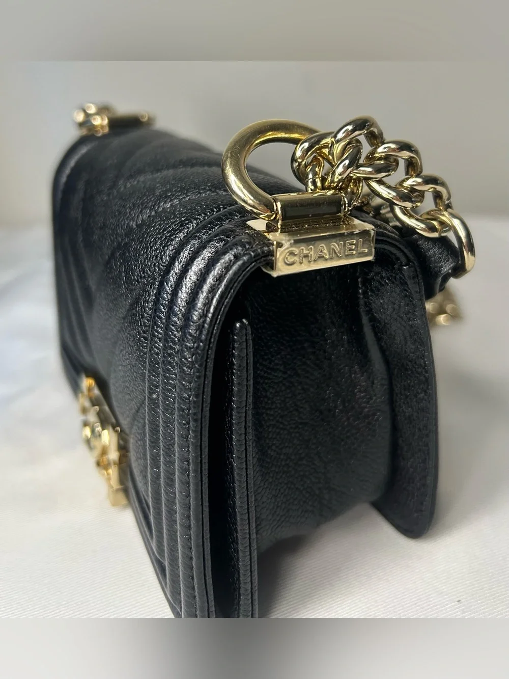 CHANEL Mini Boy Flap Bag Caviar Chevron Quilted Black/Gold
